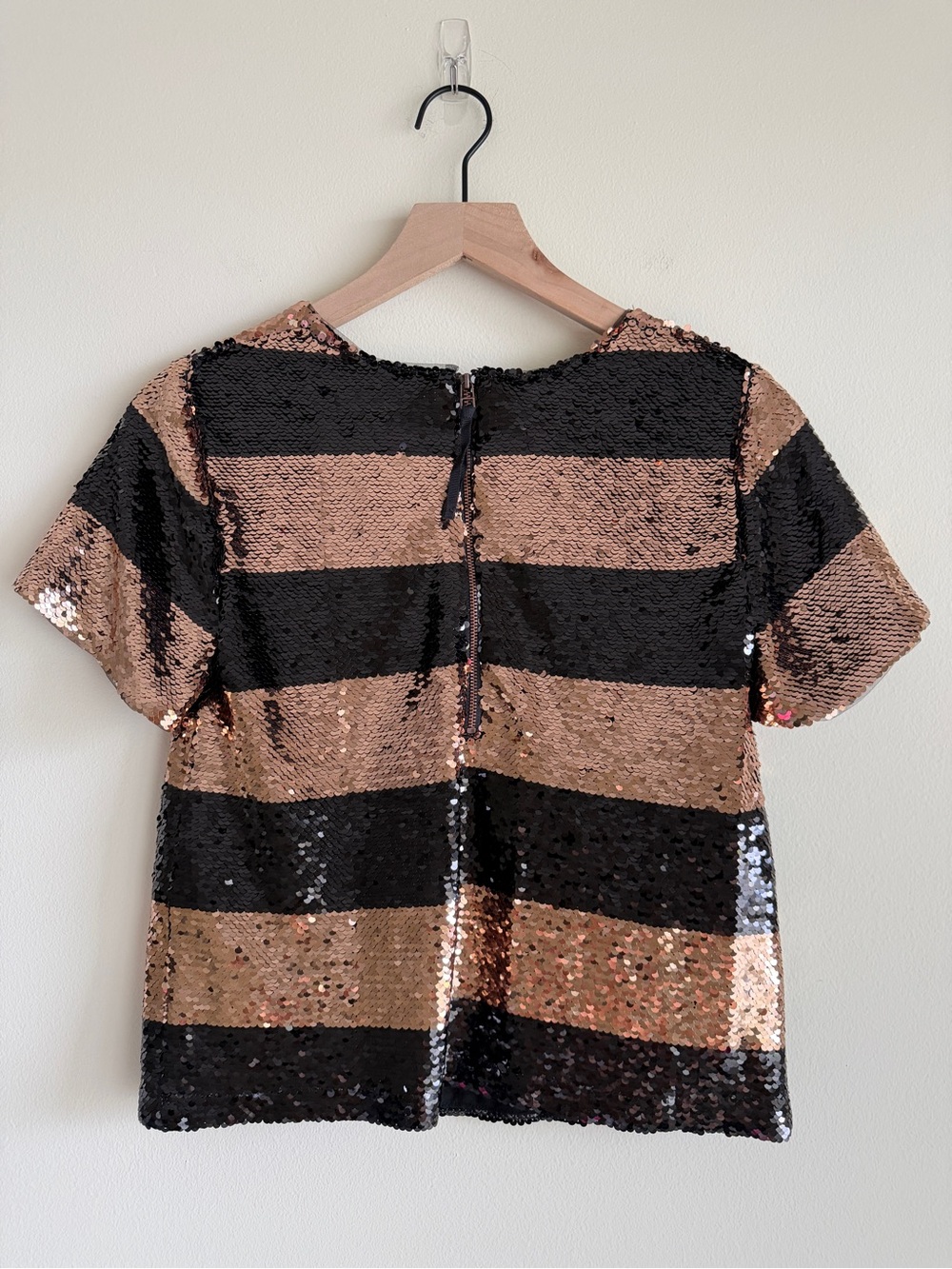Anthropologie Maeve Sequin Striped Top Womens XS Petite Rose Gold Black - Picture 4 of 10